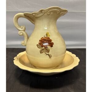 Vintage Ironstone Wash Pitcher & Basin Set - Cream Yellow Rose Floral Victorian